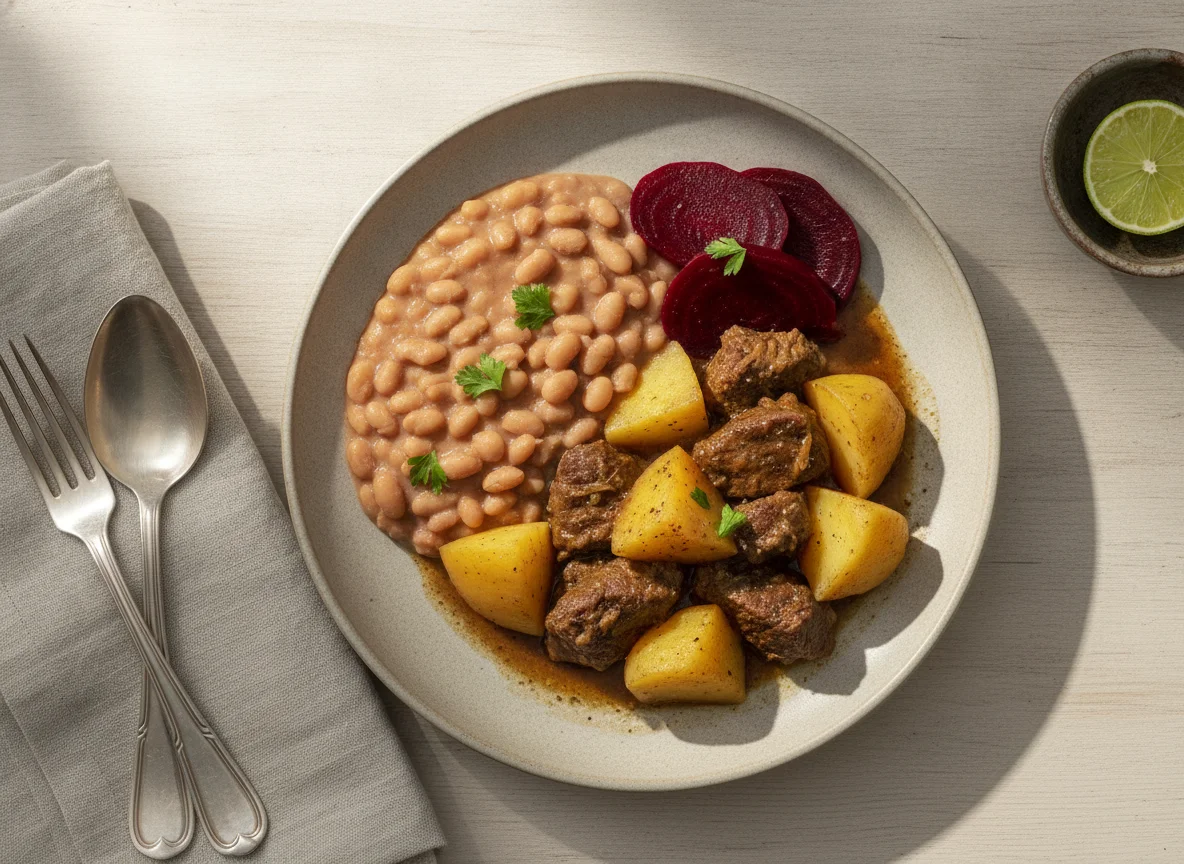 Carne de panela com batatas, feijão e beterraba photo