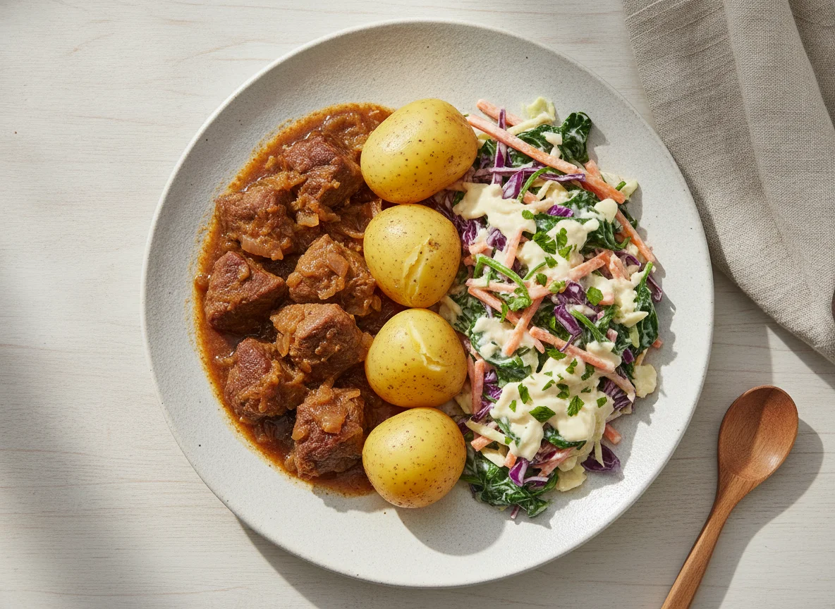 Carne de Panela com Batatas, Salada de Repolho e Espinafre ao Molho Branco photo