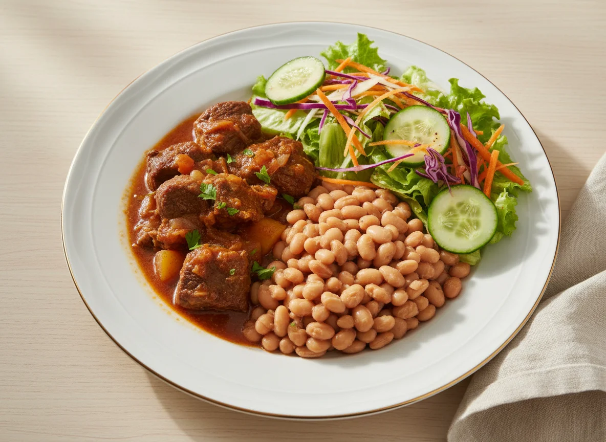 Carne de panela com feijão e salada photo
