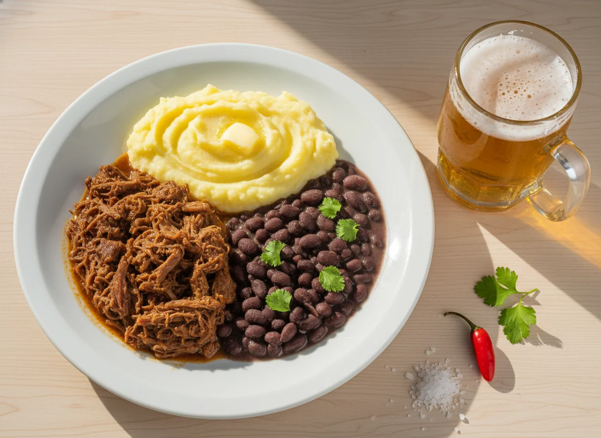 Carne de Panela com Feijão Preto e Purê de Batata photo