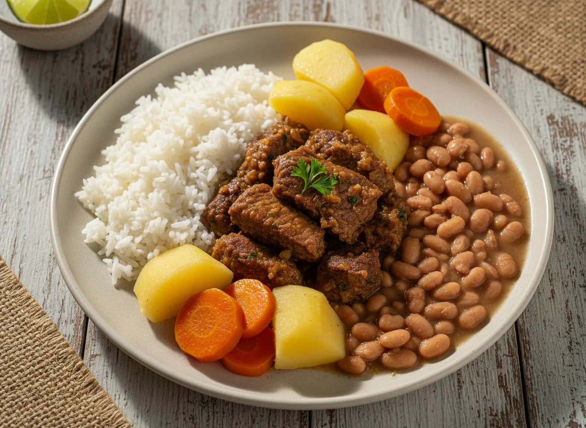 Carne de panela com legumes, arroz e feijão photo
