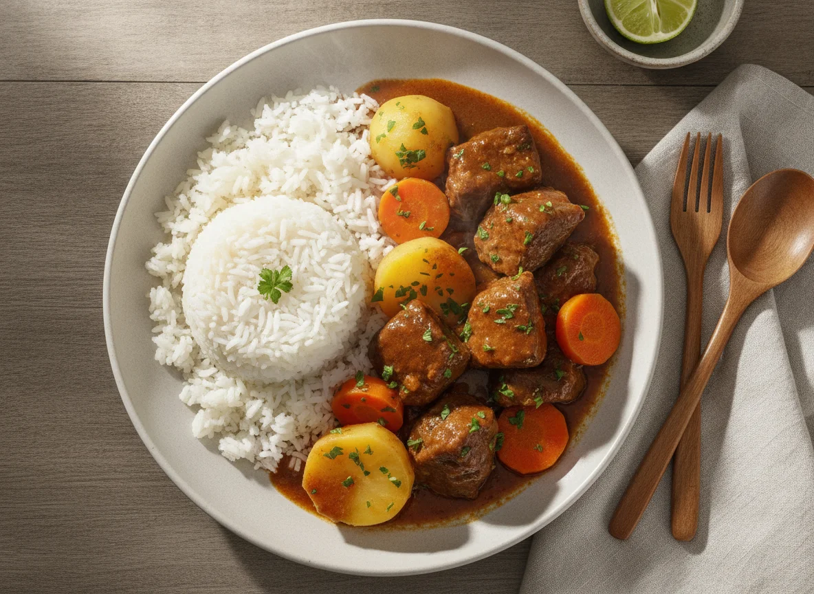Carne de panela com legumes e arroz photo