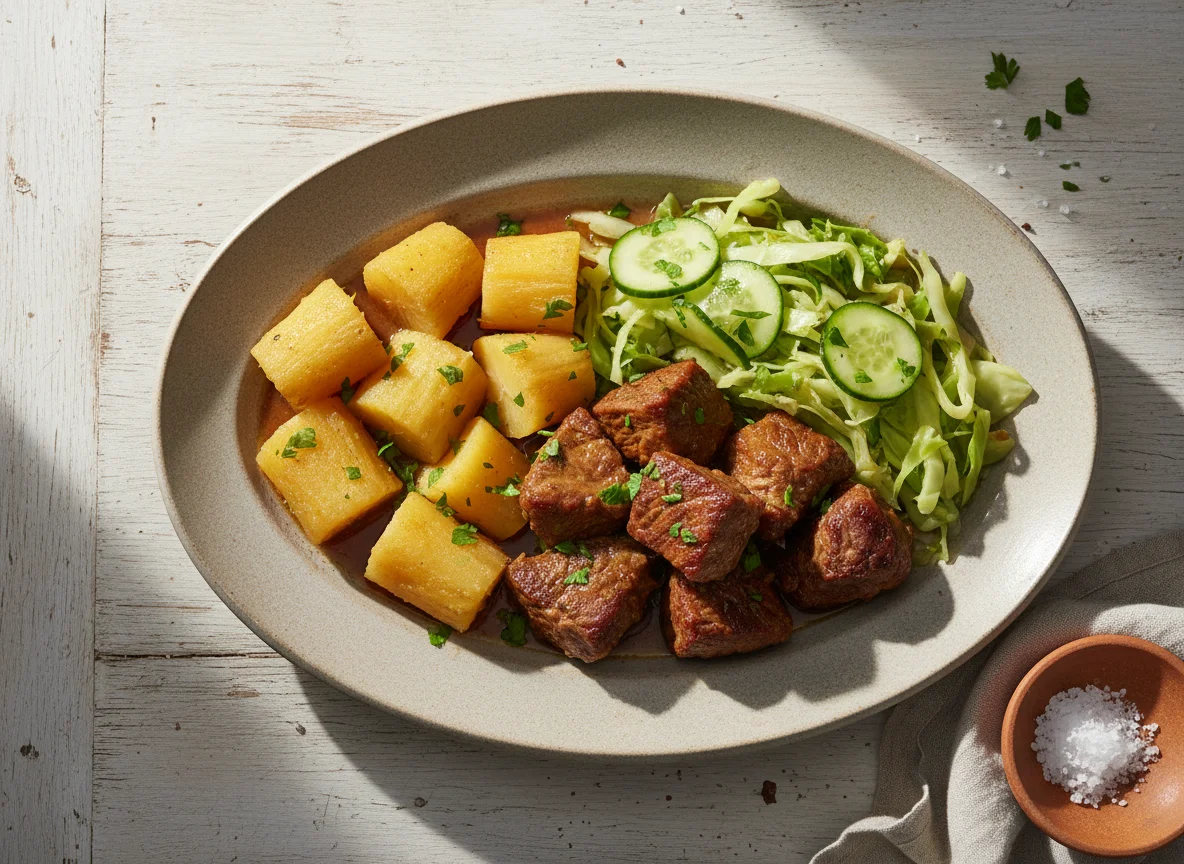 Carne de panela com mandioca, repolho e pepino photo