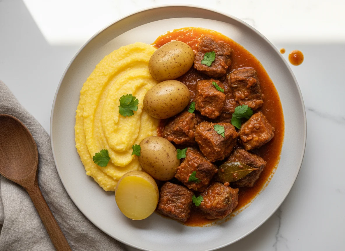 Carne de panela com polenta e batata photo