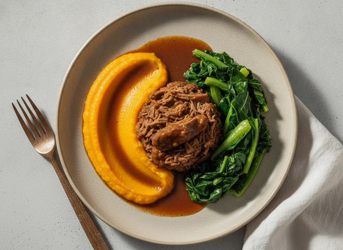 Carne de Panela com Purê de Abóbora e Couve Refogada photo