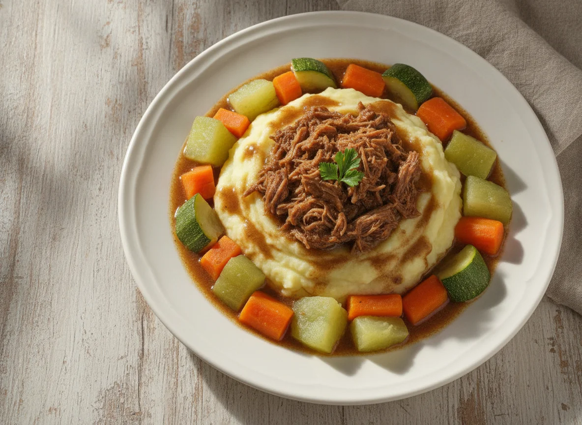 Carne de panela com purê de batata e legumes cozidos photo