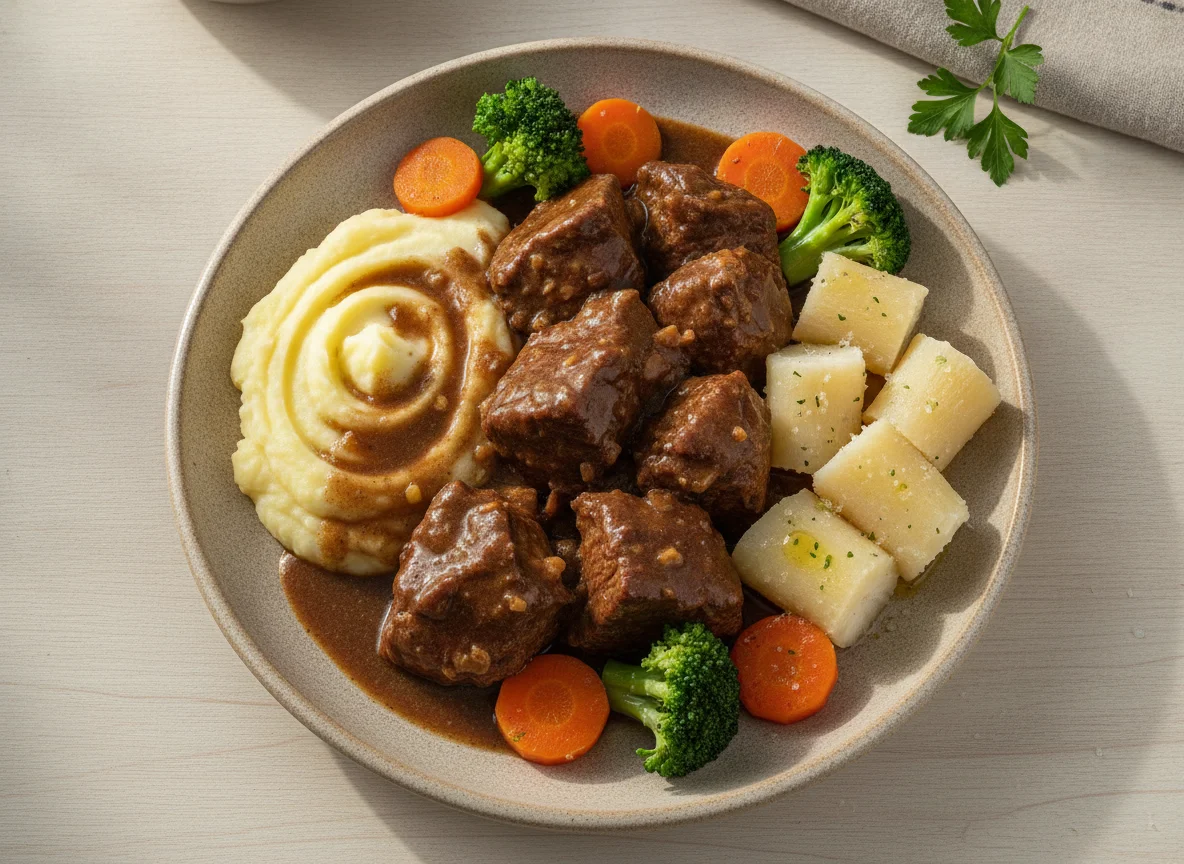Carne de panela com purê de batata e mandioca photo