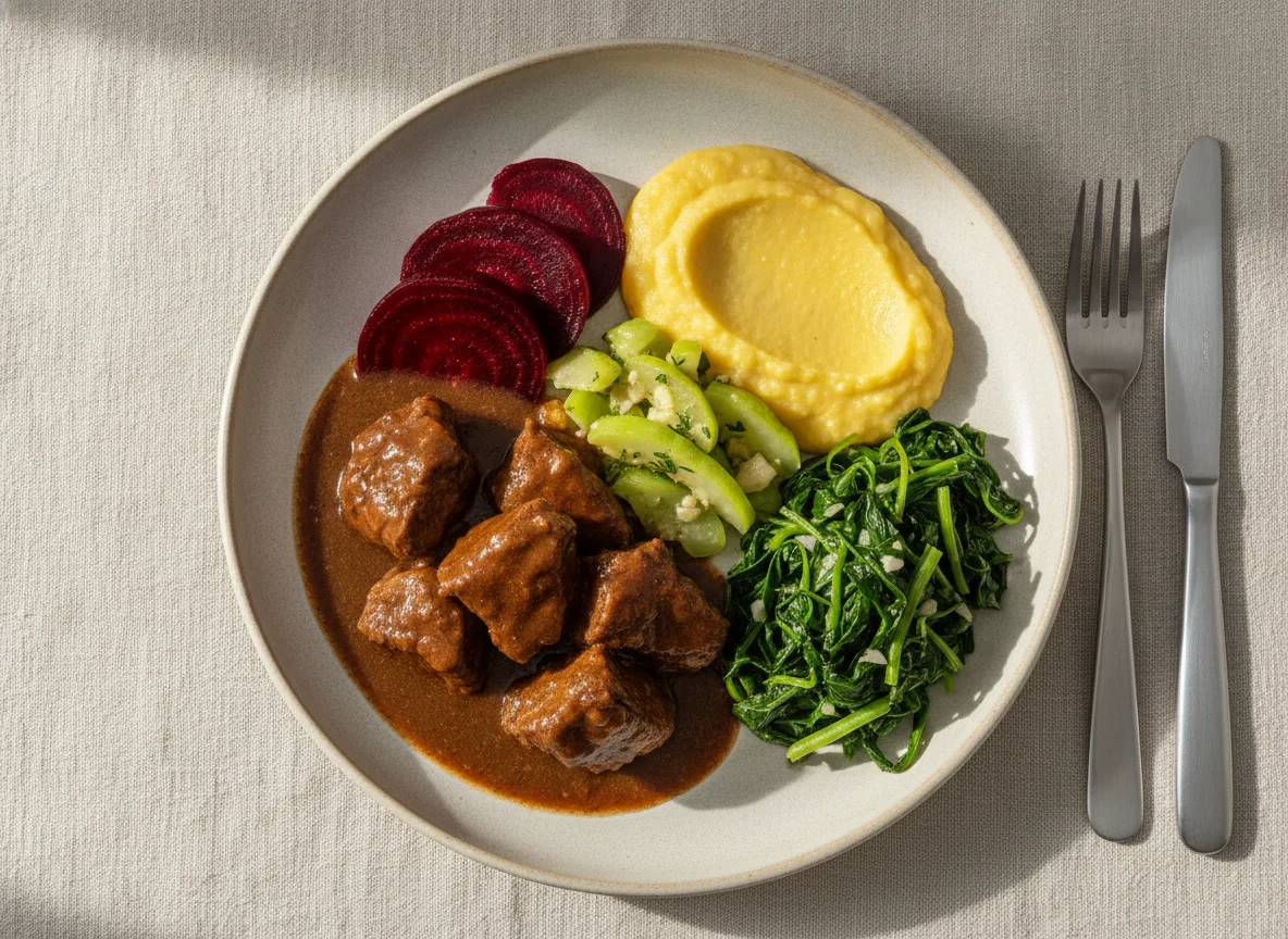 Carne de Panela com Purê de Mandioquinha, Beterraba e Couve photo