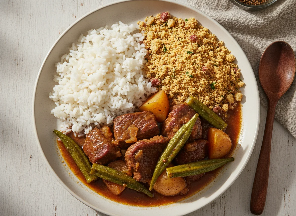 Carne de Panela com Quiabo, Arroz e Farofa photo