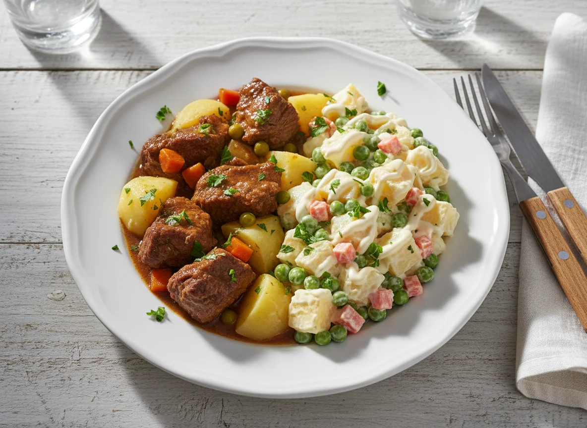 Carne de panela com salada de maionese photo
