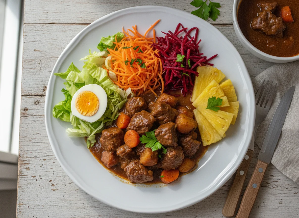 Carne de panela com salada e abacaxi photo