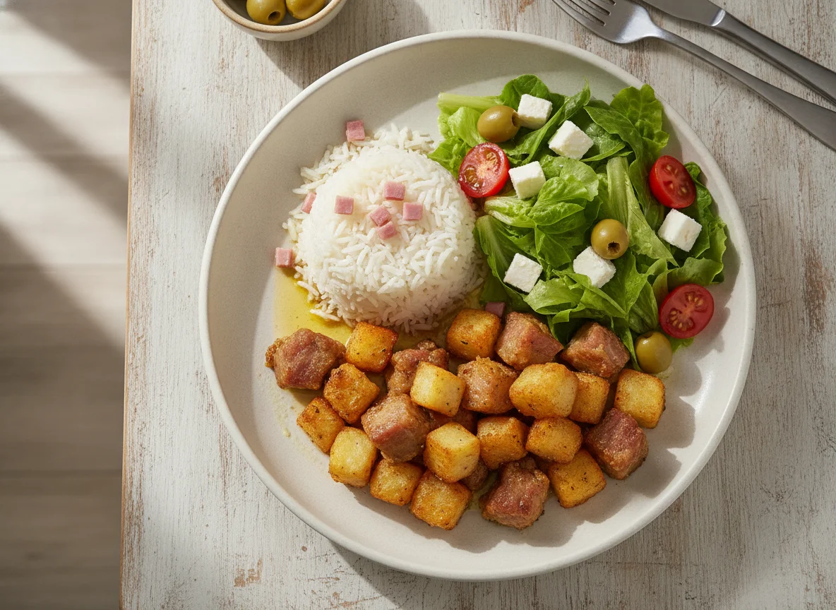 Carne de Porco à Alentejana com Arroz e Salada photo
