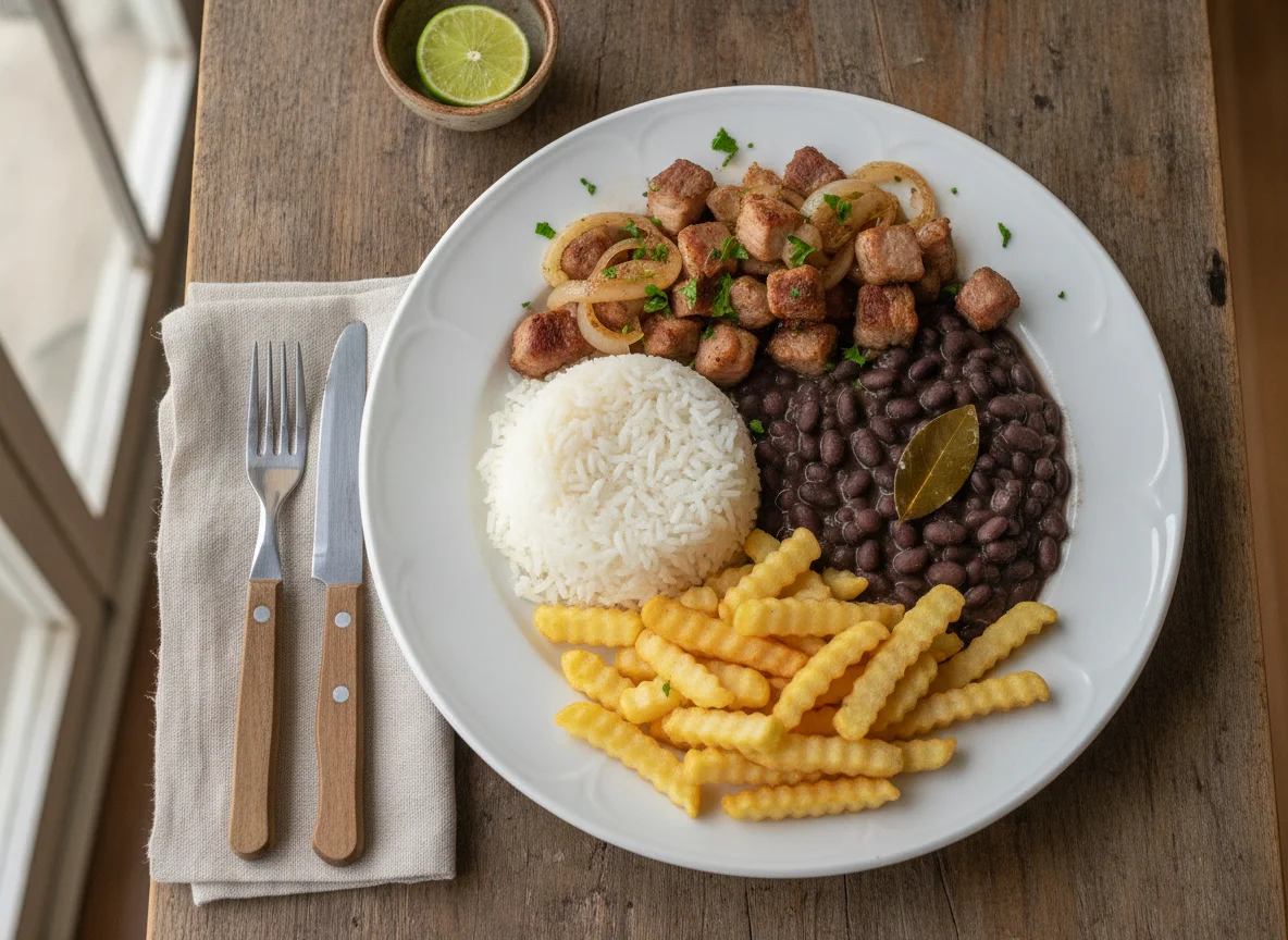 Carne de Porco Acebolado com Arroz, Feijão e Batata Frita photo