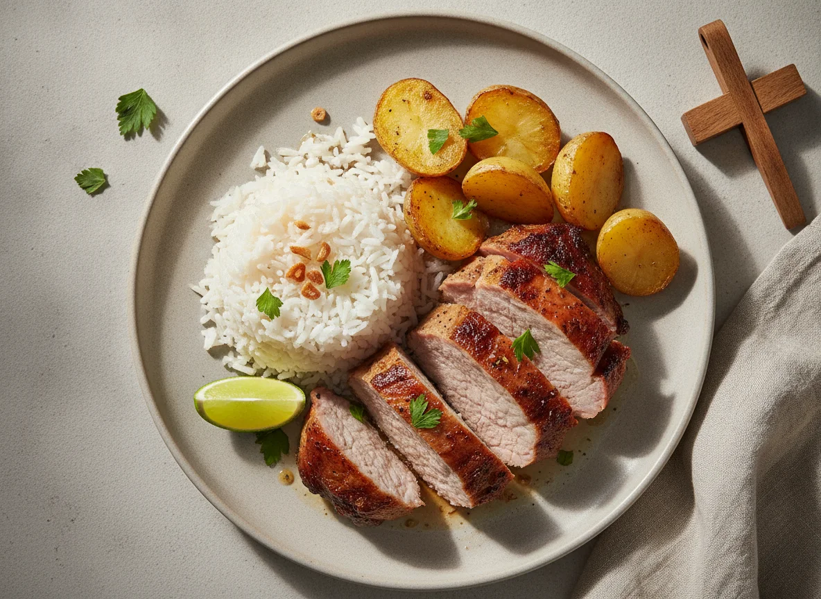 Carne de porco assada com arroz e batatas photo