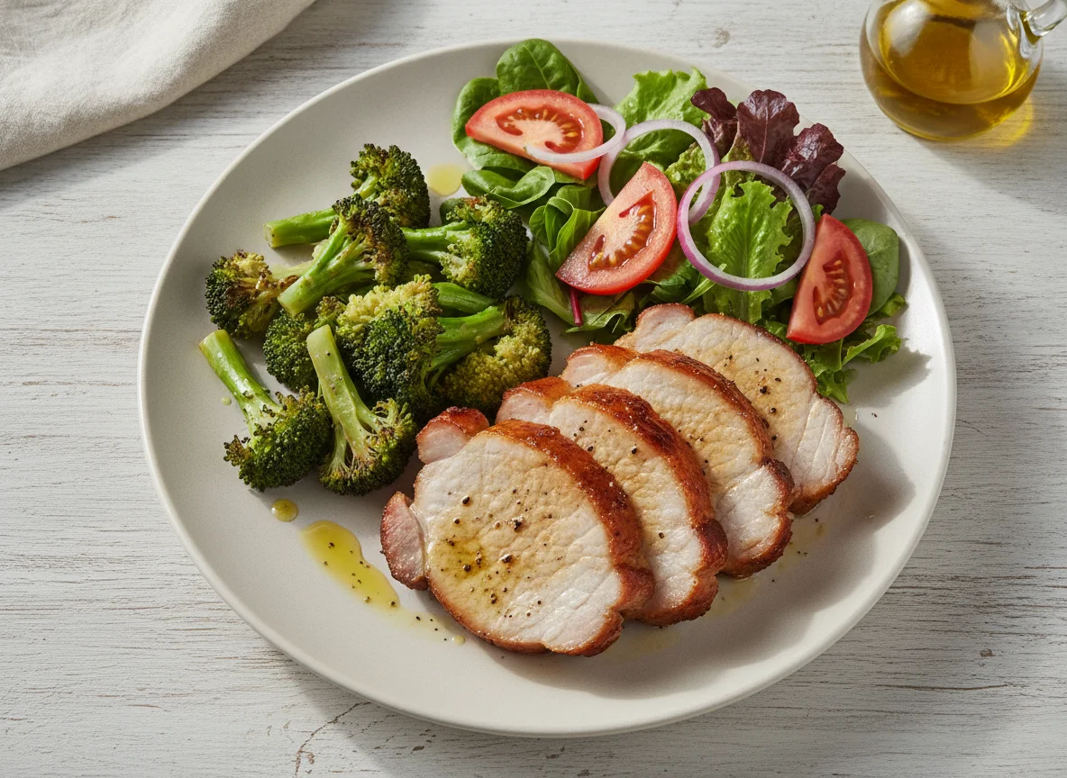 Carne de porco assada com salada e brócolis photo
