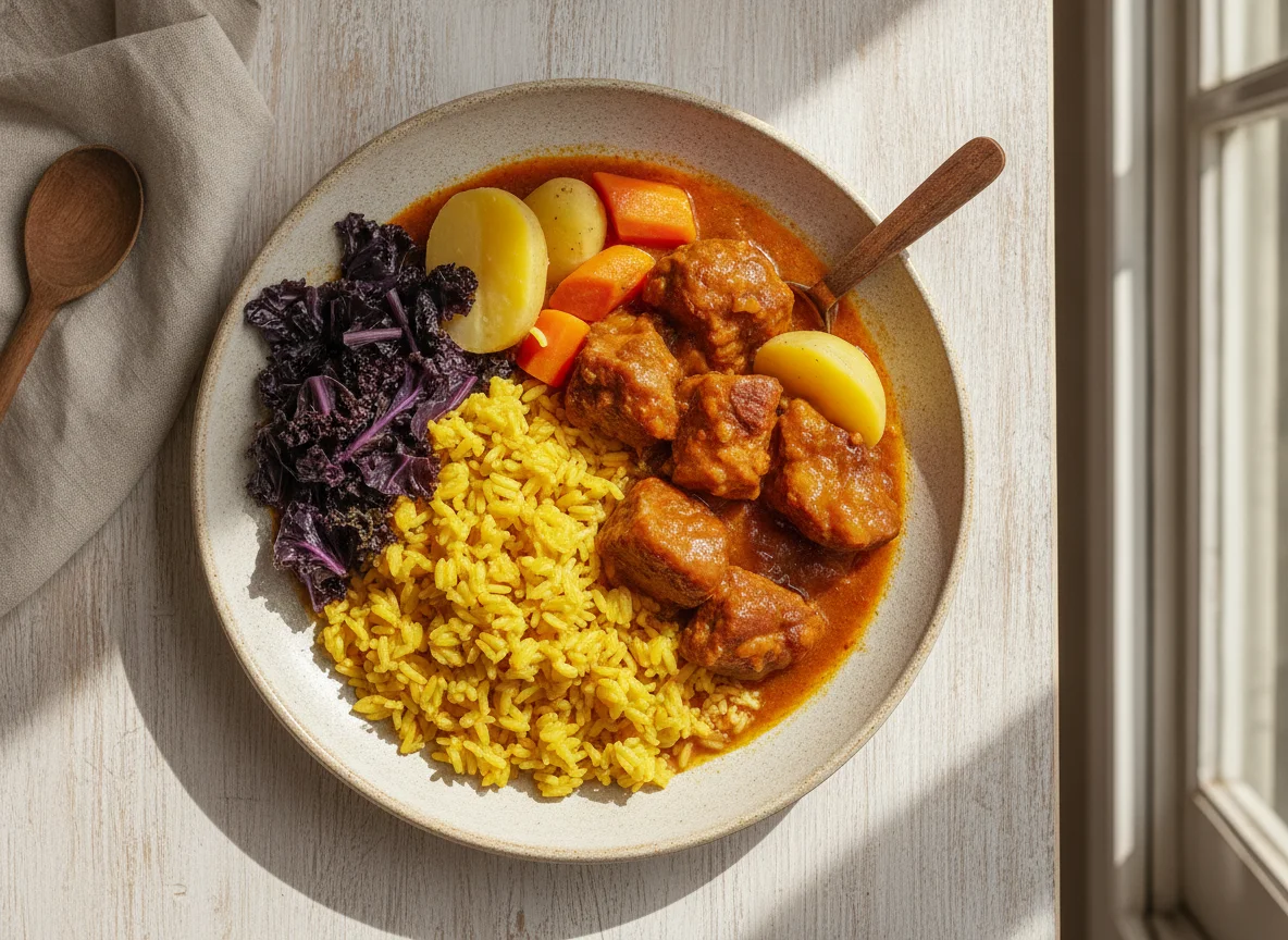 Carne de porco com arroz de açafrão e couve roxa photo