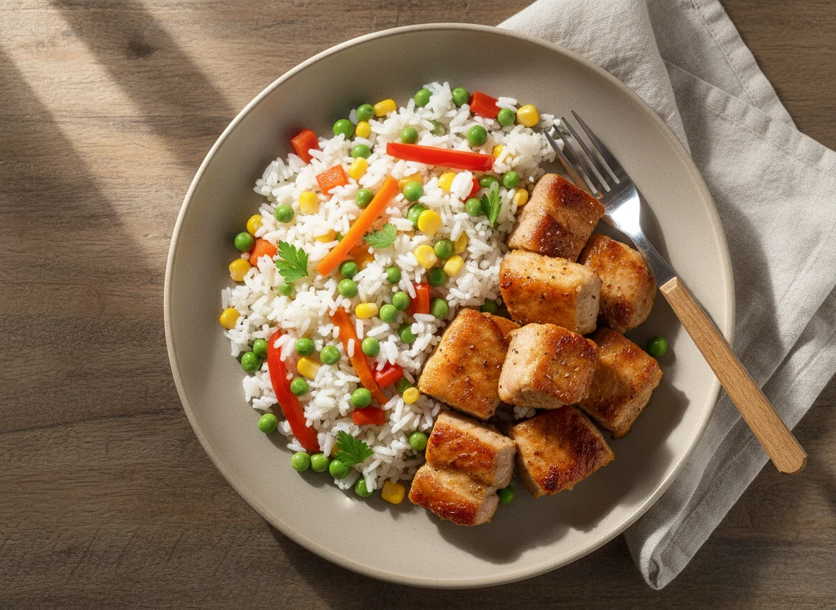 Carne de porco com arroz de legumes photo