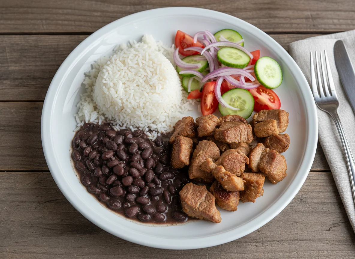 Carne de porco com arroz, feijão e salada photo