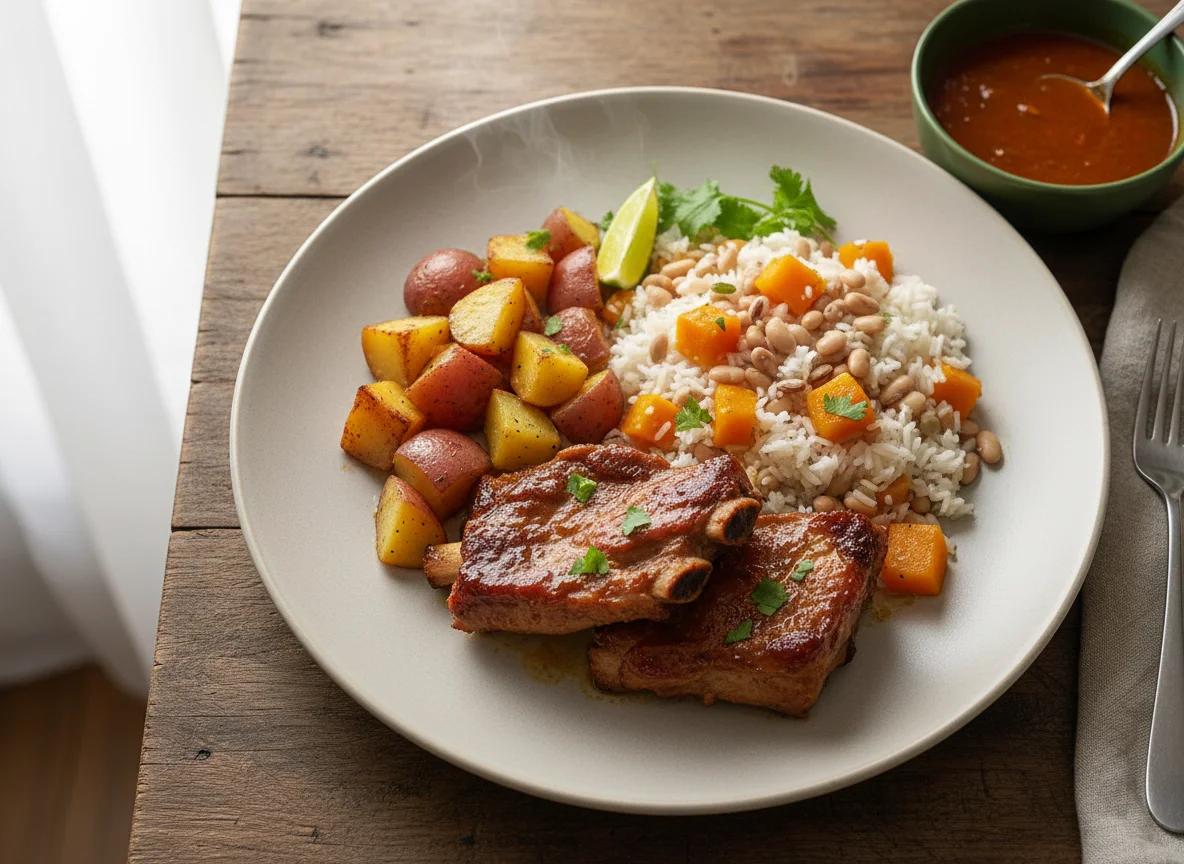 Carne de porco com batatas e arroz com abóbora photo