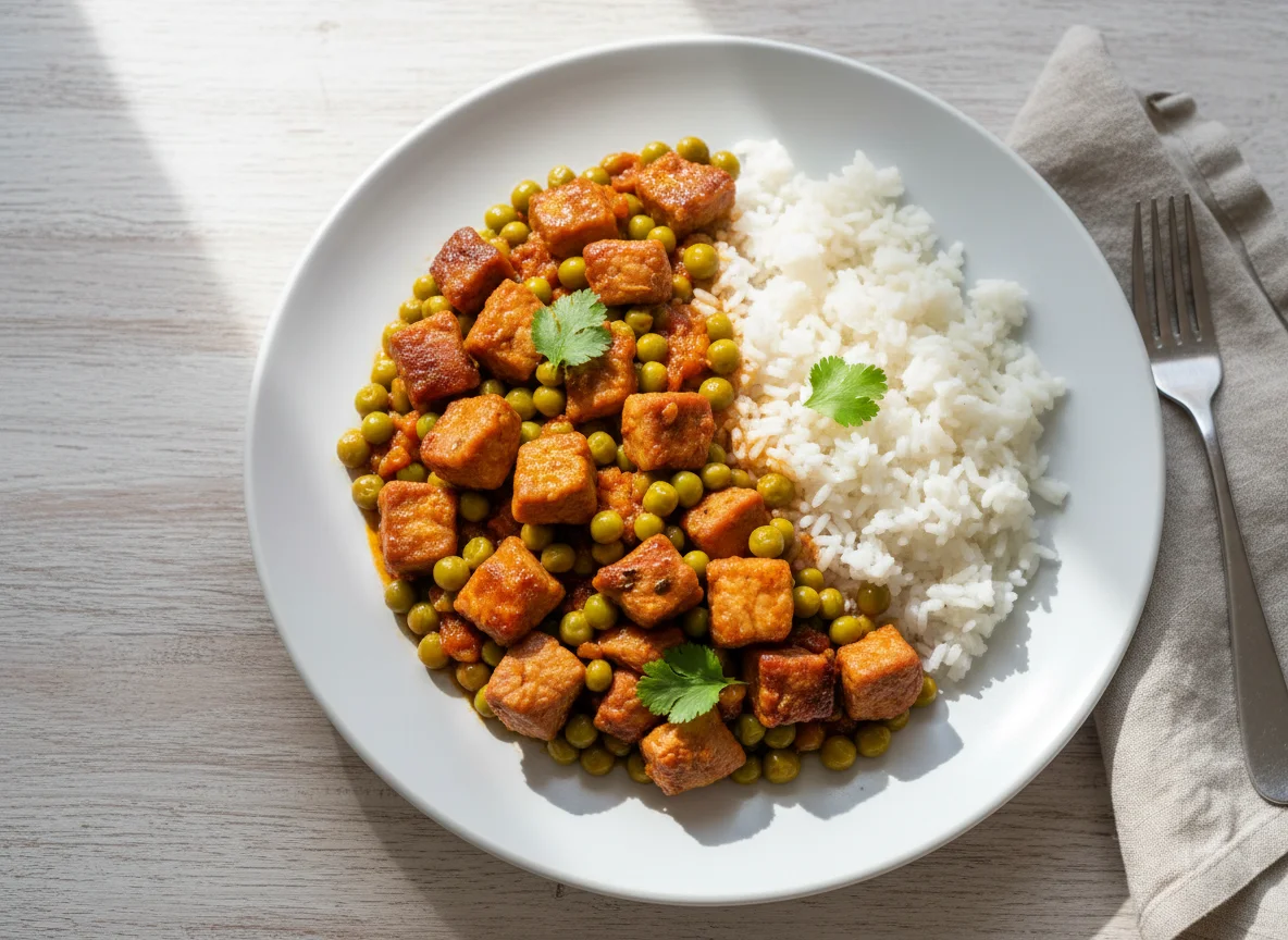 Carne de porco com ervilhas e arroz photo