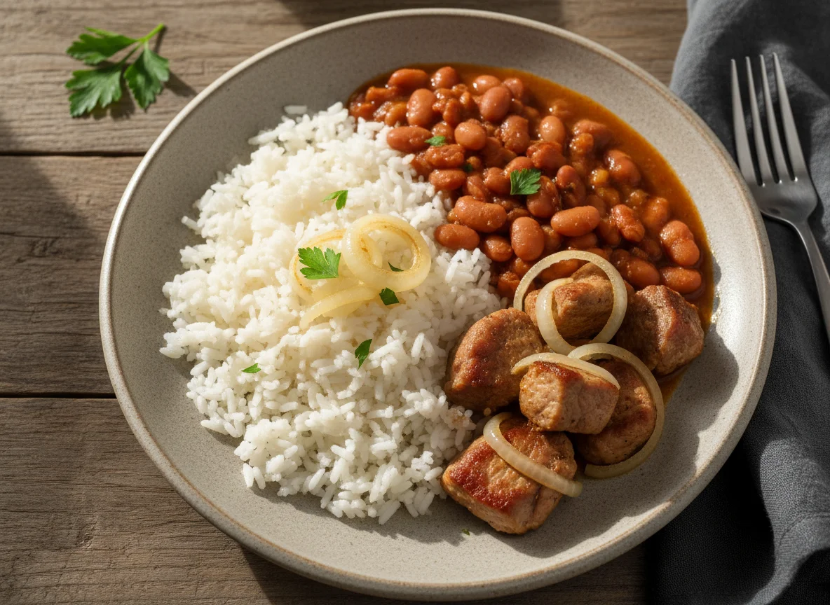 Carne de porco com feijão e arroz photo