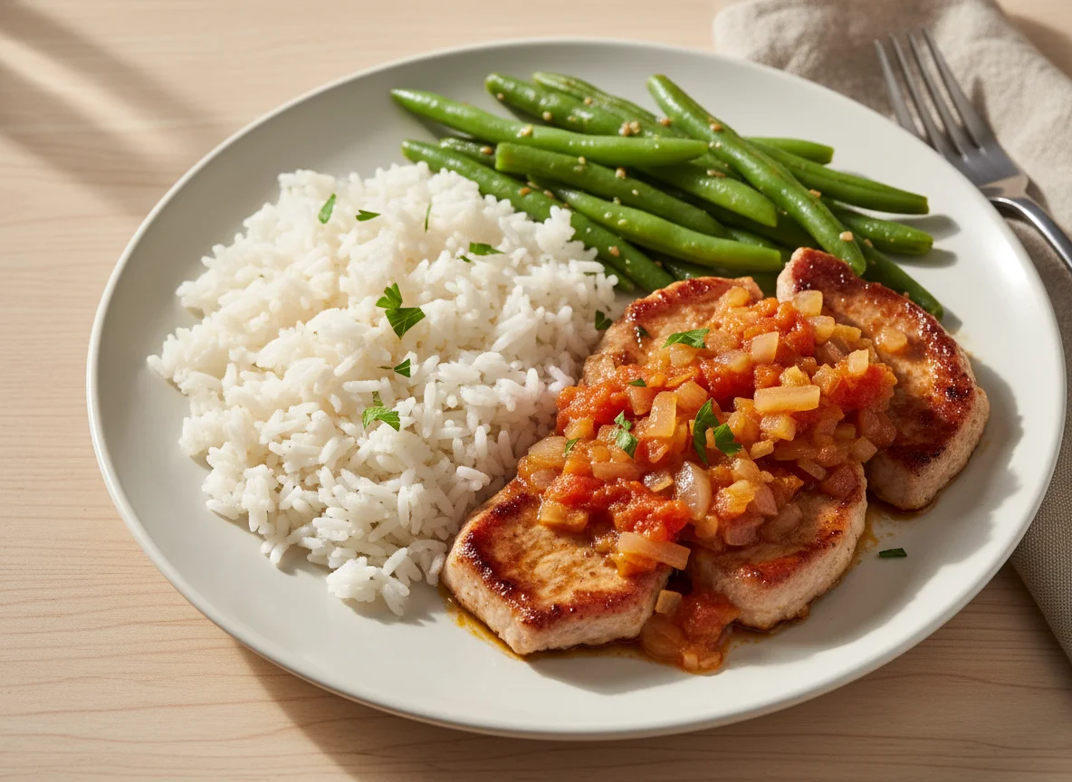 Carne de porco com vagem e arroz photo