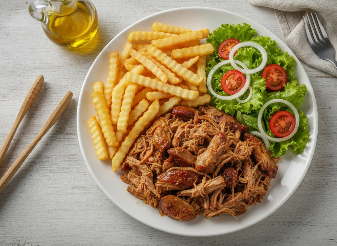 Carne de porco desfiada com batatas fritas e salada mista photo