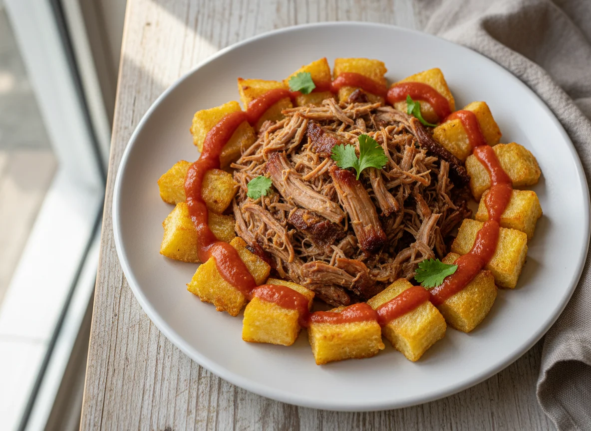 Carne de porco desfiada com mandioca frita e molho de tomate photo