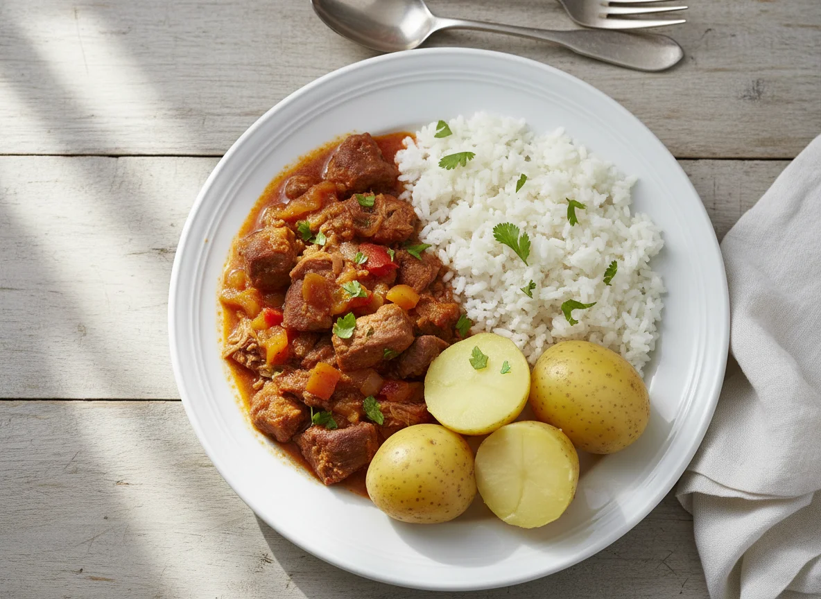 Carne de porco ensopada com arroz e batata photo