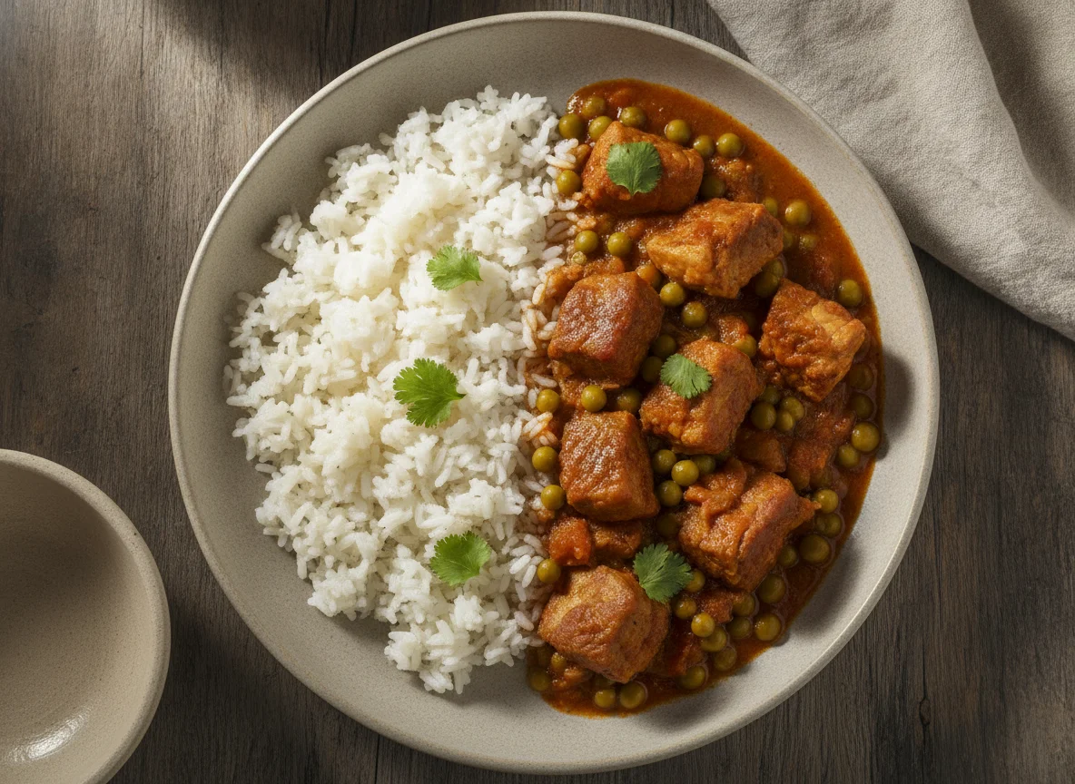 Carne de porco estufada com ervilhas e arroz photo