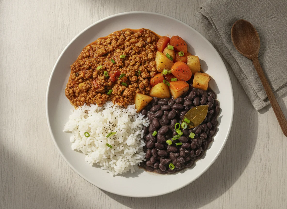 Carne de soja com legumes, feijão preto e arroz de konjac photo