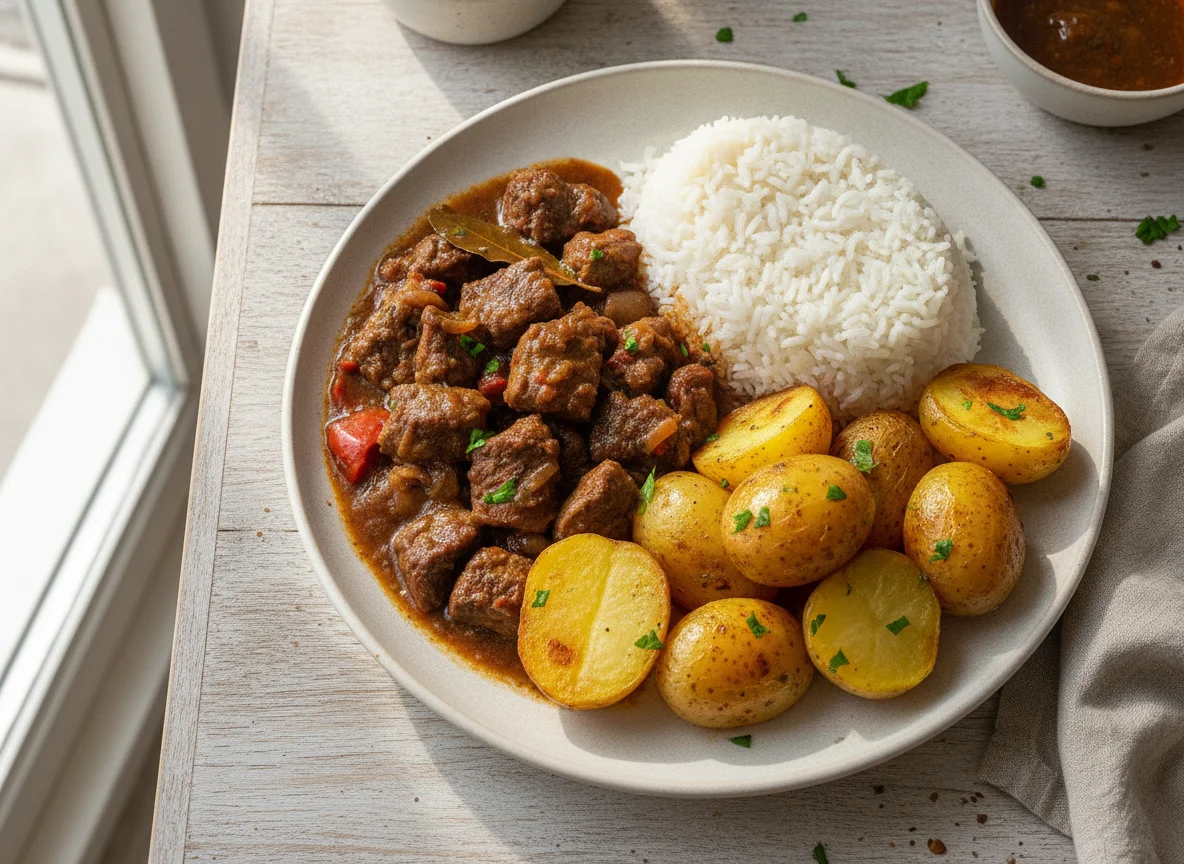 Carne de Vaca Estufada com Arroz e Batatas photo