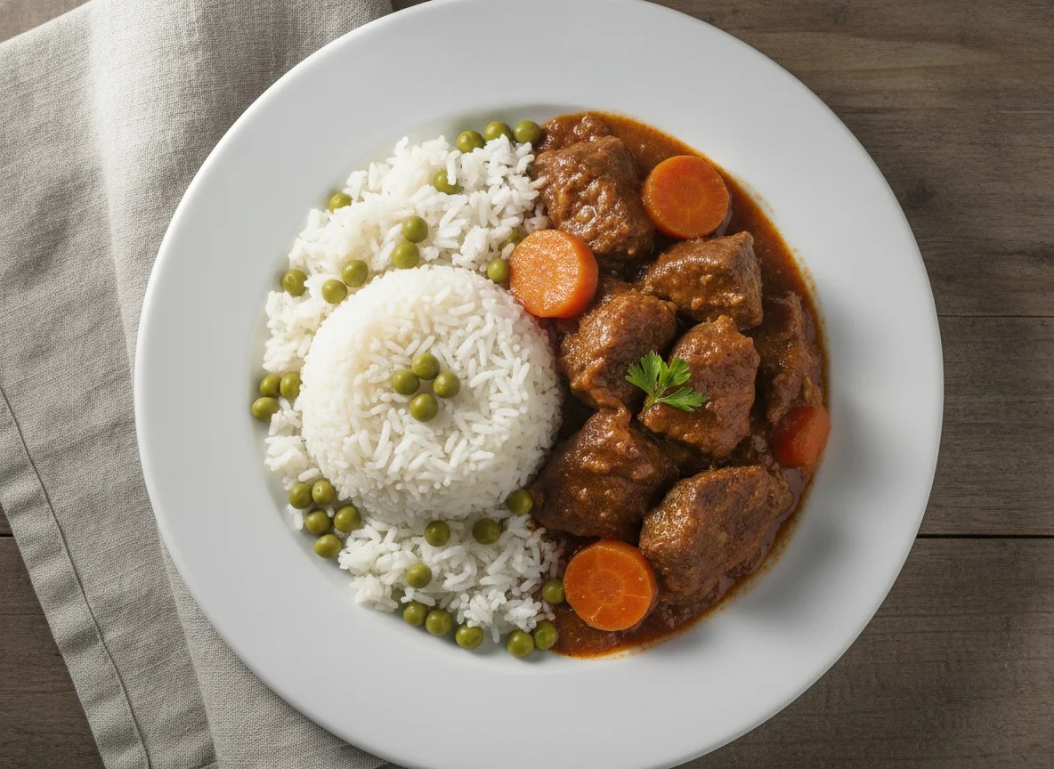 Carne de Vaca Estufada com Arroz e Ervilhas photo