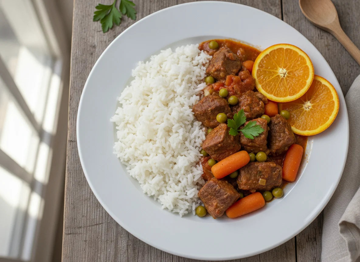 Carne de Vaca Estufada com Arroz e Laranja photo