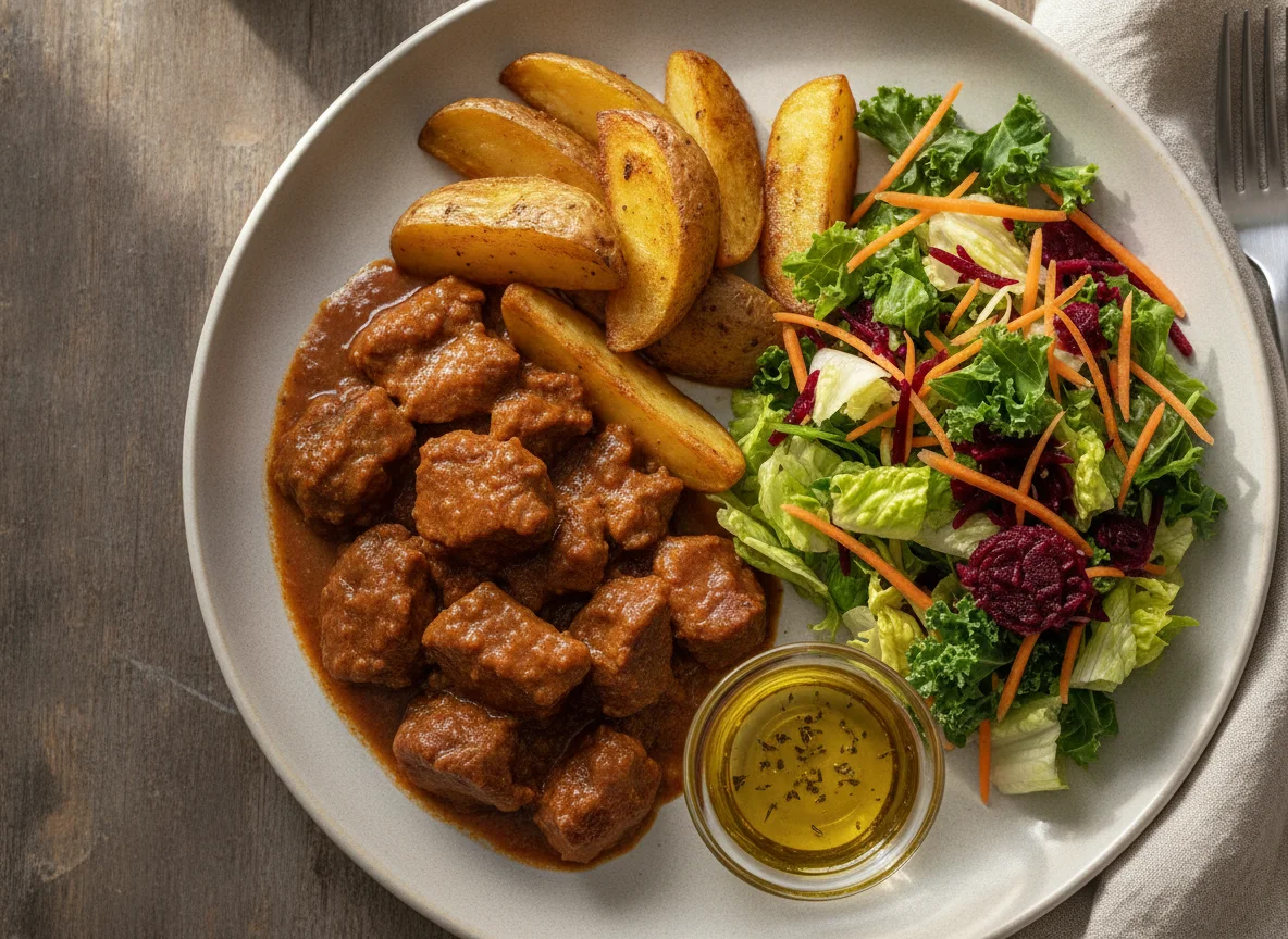 Carne de Vaca Estufada com Batatas e Salada Mista photo