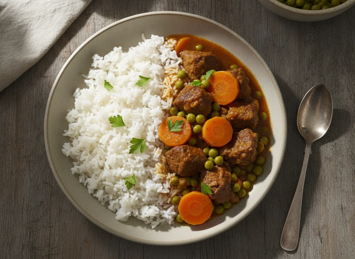 Carne de Vaca Estufada com Ervilhas e Arroz photo