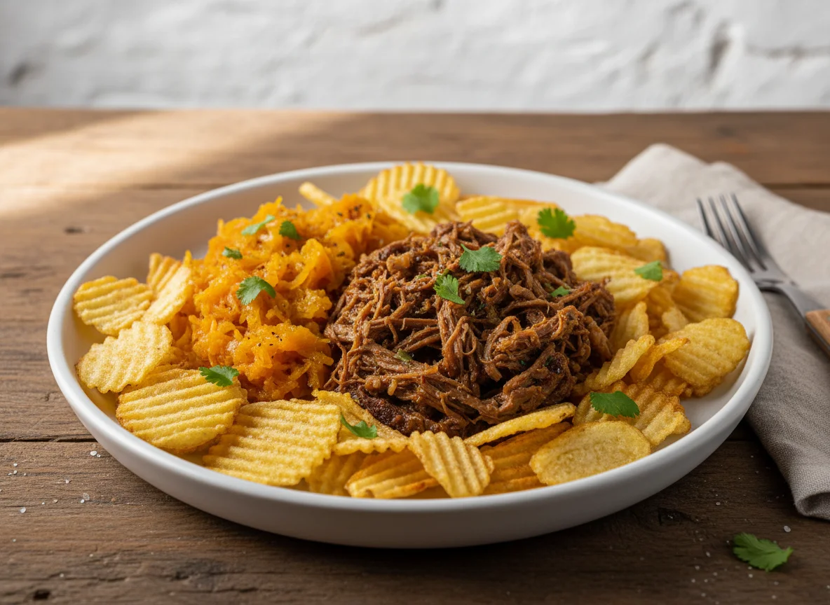 Carne desfiada com abóbora e batata frita photo
