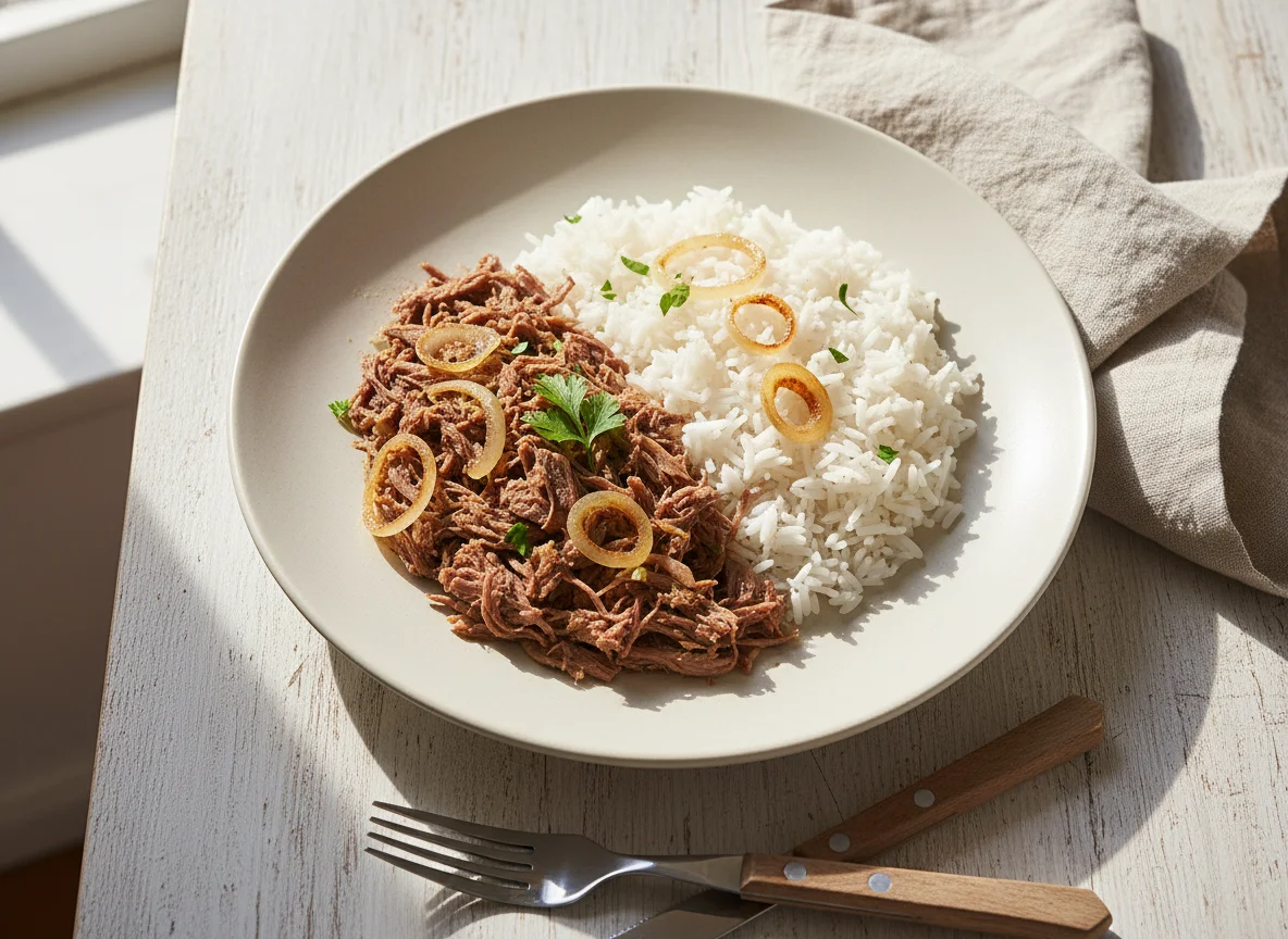 Carne desfiada com arroz branco photo