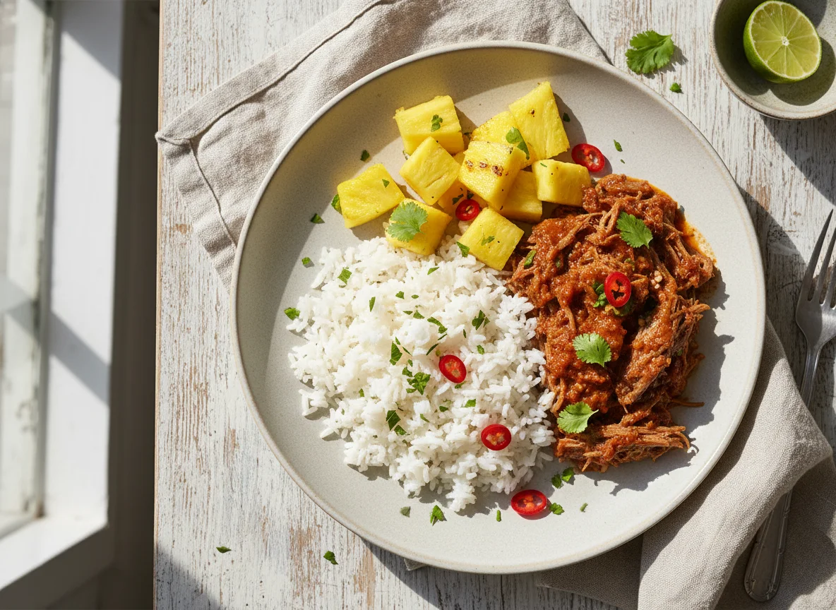 Carne desfiada com arroz e abacaxi photo