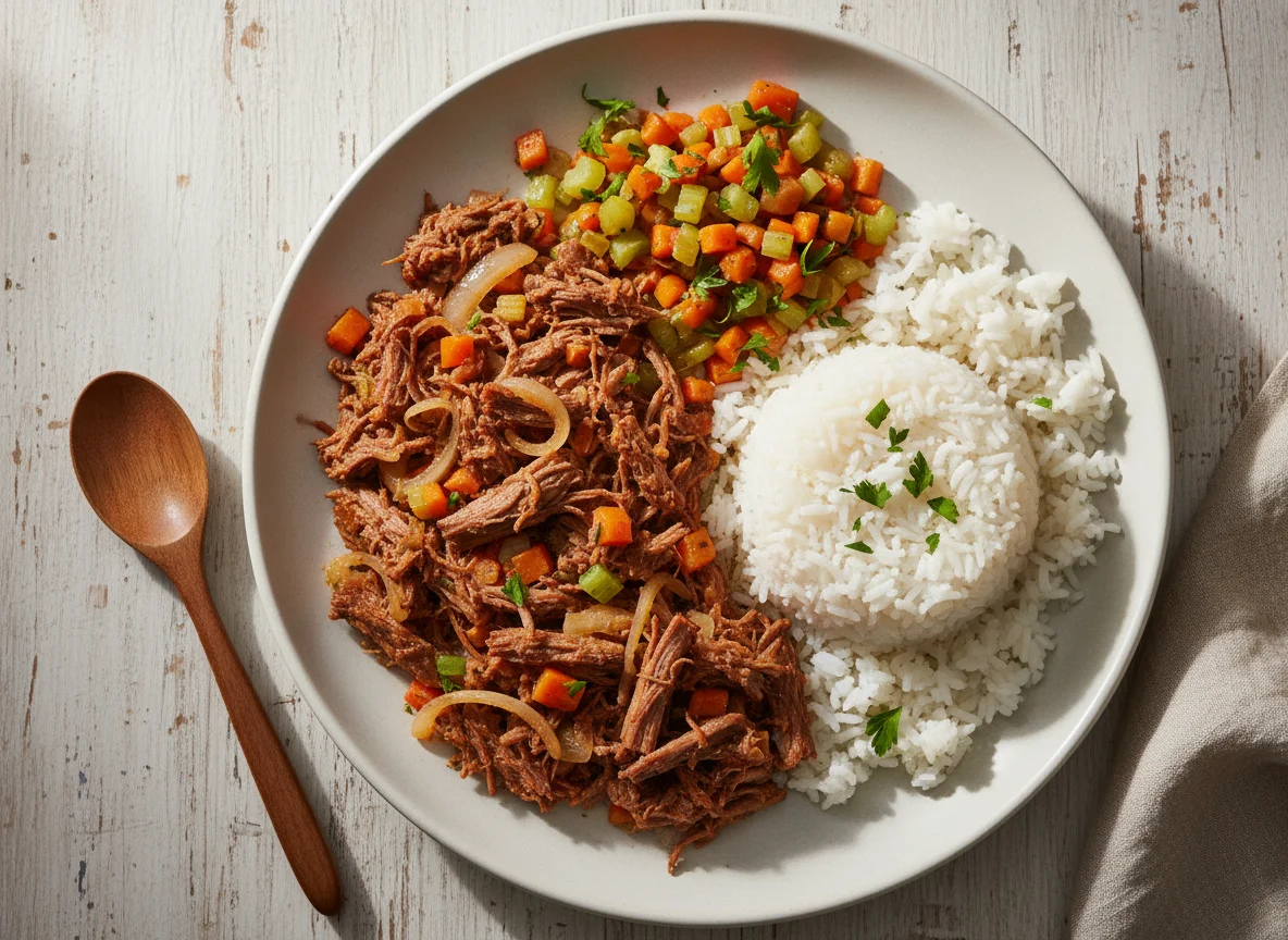 Carne desfiada com arroz e legumes photo