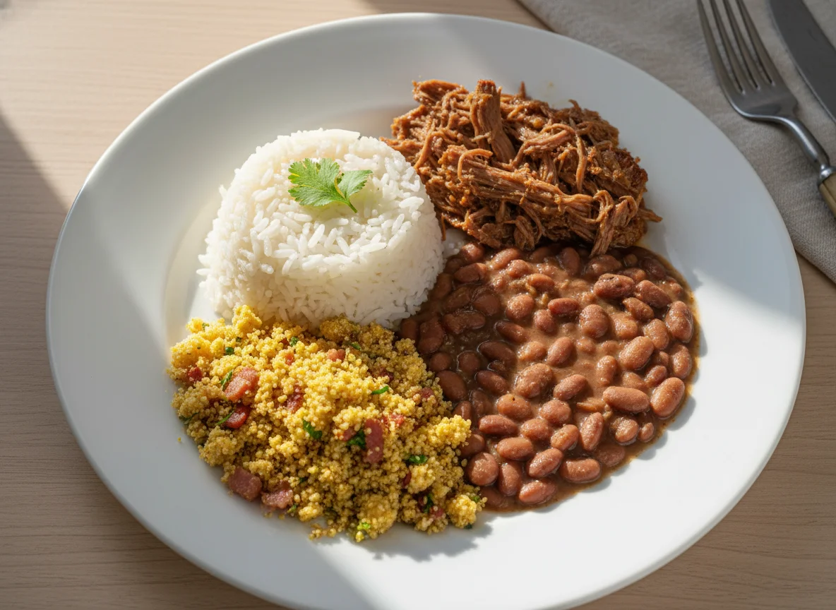 Carne desfiada com arroz, feijão e farofa photo
