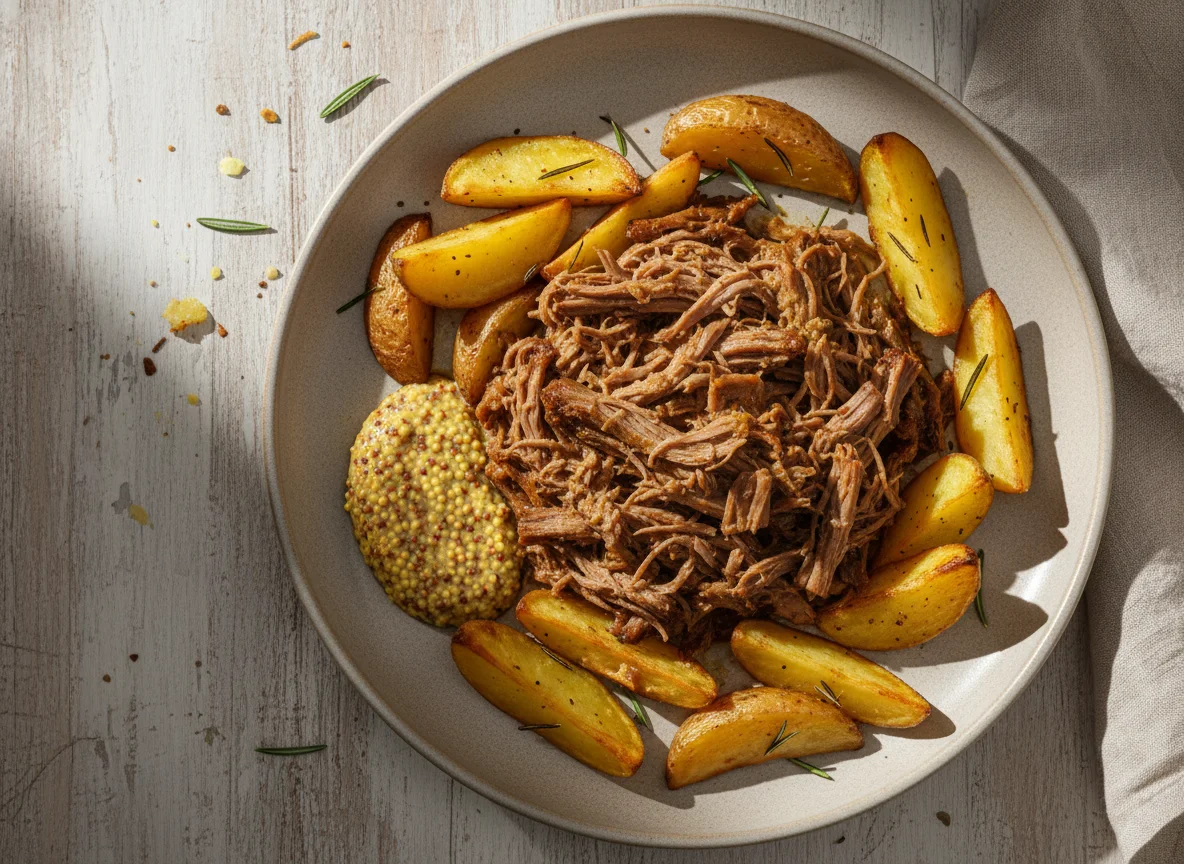 Carne desfiada com batatas assadas e mostarda photo