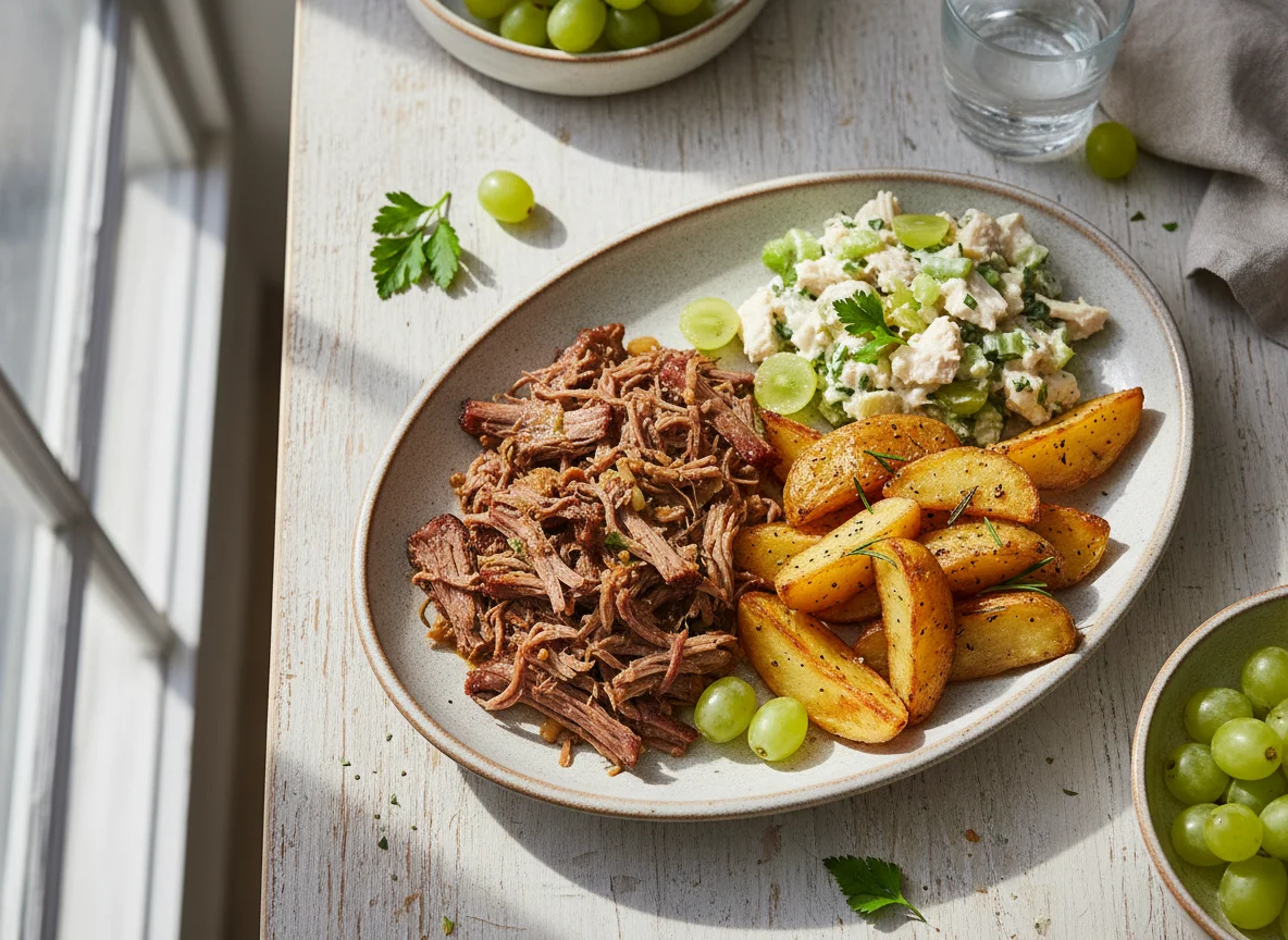 Carne desfiada com batatas assadas e salada de frango com uvas photo