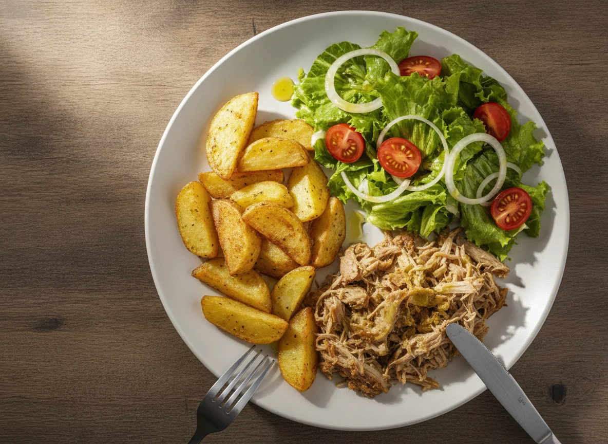 Carne desfiada com batatas na air fryer e salada mista photo