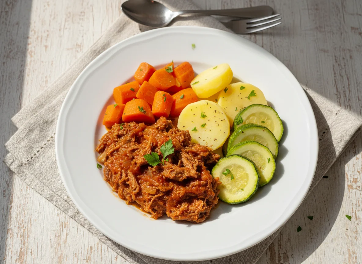 Carne desfiada com legumes cozidos photo