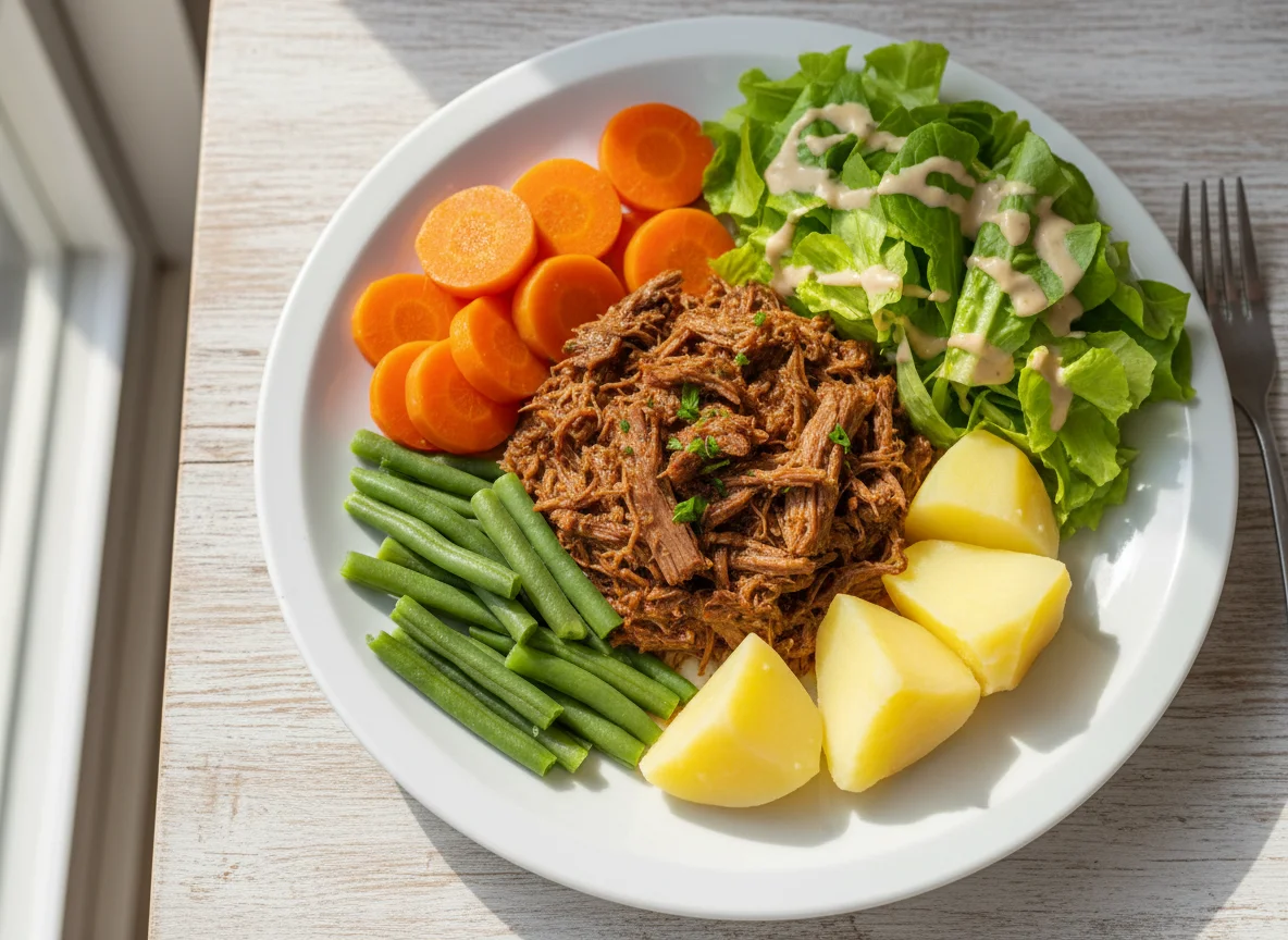 Carne desfiada com legumes e salada photo