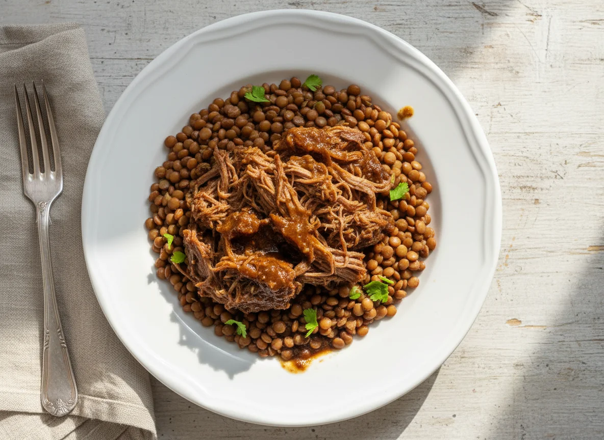 Carne desfiada com lentilha photo