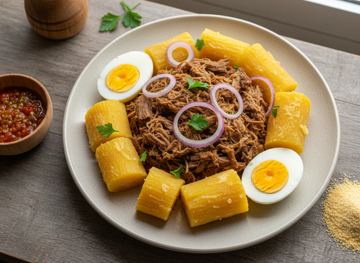 Carne desfiada com mandioca e ovo cozido photo