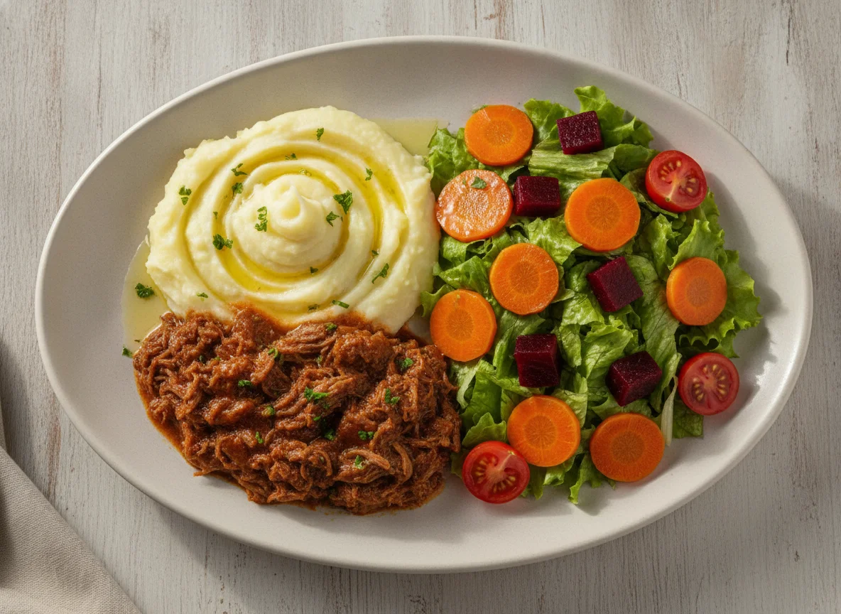 Carne desfiada com purê de batata e salada mista photo