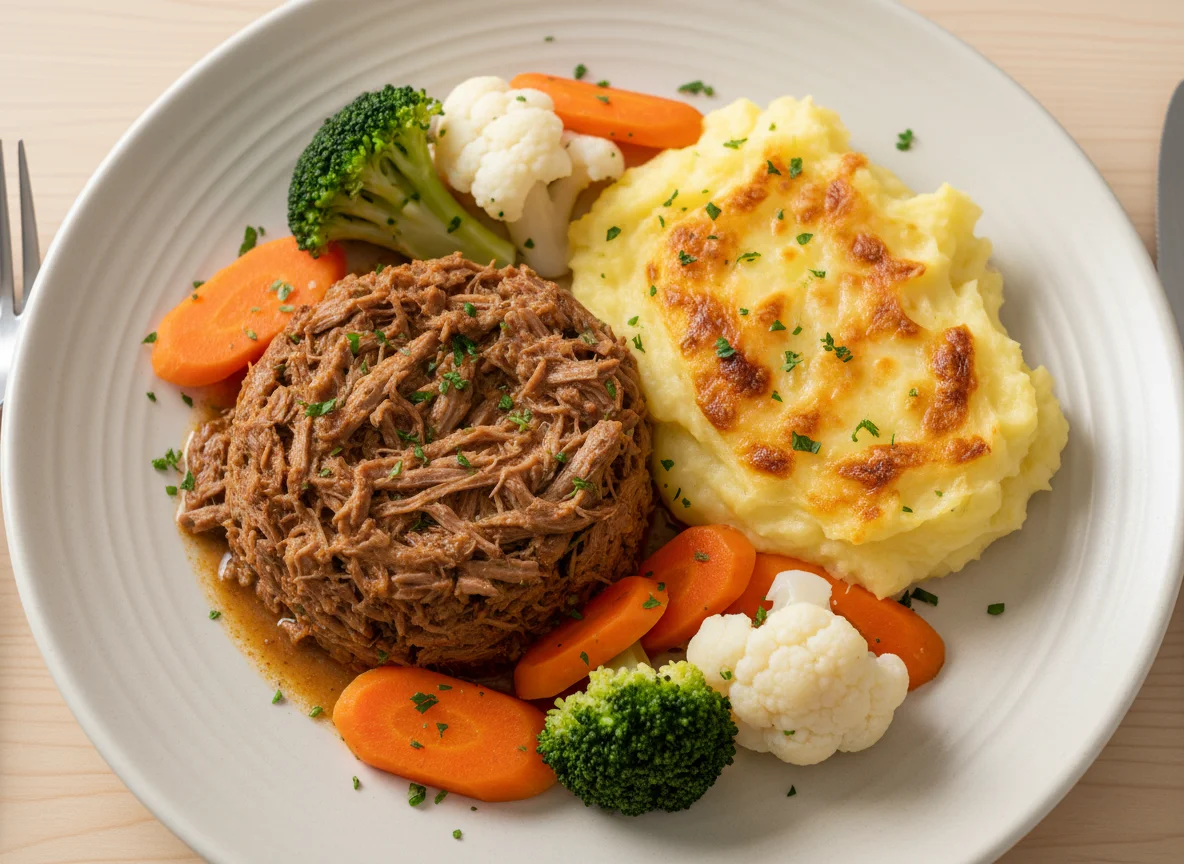 Carne desfiada com purê de batata gratinado e legumes cozidos photo